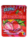 Exotic Strawberriez 3.5 g mylar bag with glossy red strawberry art and drip accents; bright red background.