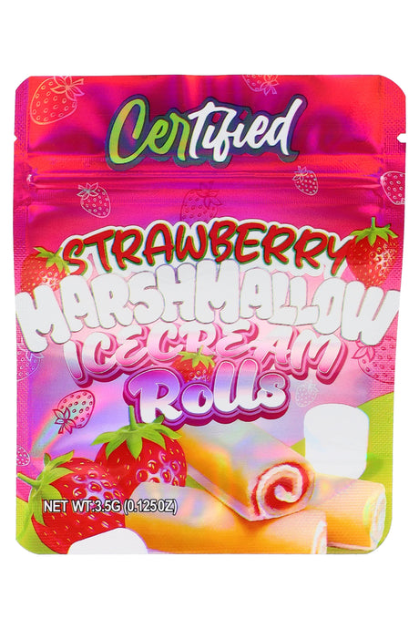 Strawberry Marshmallow Ice Cream Rolls 3.5 g mylar bag with pink rolled ice cream and berries; iridescent pink backdrop.