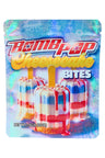 Bomb Pop Cheesecake Bites 3.5 g mylar bag with red, white, and blue ice cream bars over frosty blue foil.
