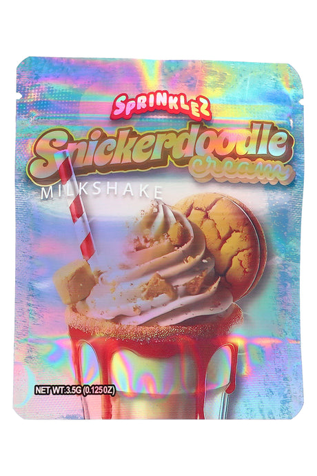 Sprinklez Snickerdoodle Cream Milkshake 3.5 g mylar bag with whipped topping, straw, and cookie accents; blue foil.