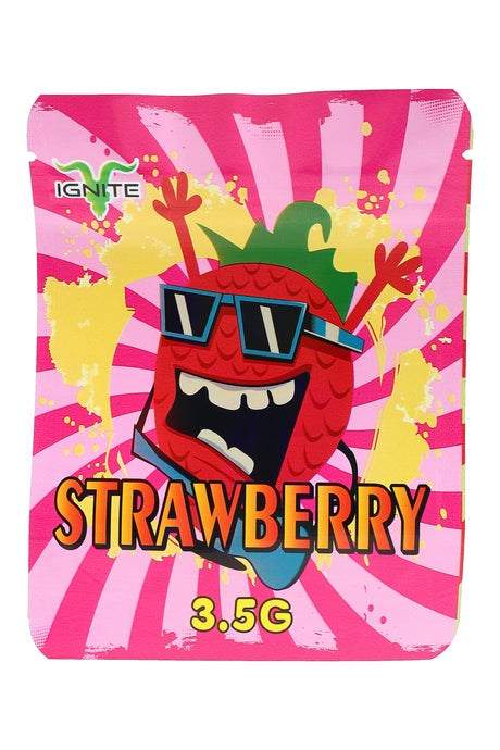 Ignite Strawberry 3.5 g mylar bag showing wild cartoon strawberry on pink spiral background with bold text.