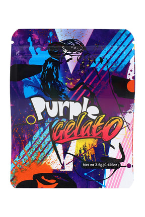 Purple Gelato 3.5 g mylar bag with neon splatter art and bold script; vibrant ⅛ oz storage pouch for small contents.