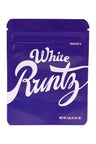 White Runtz 3.5 g mylar bag in solid purple with cursive logo and “resealable” mark; clean ⅛ oz storage pouch.