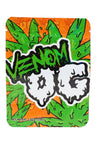 Venom OG 3.5 g mylar bag with dripping graffiti text over green leaves on orange; edgy ⅛ oz storage pouch.