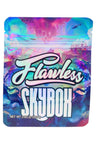 Flawless Skybox 3.5 g mylar bag with holographic cityscape and pastel lettering; glossy ⅛ oz storage pouch.