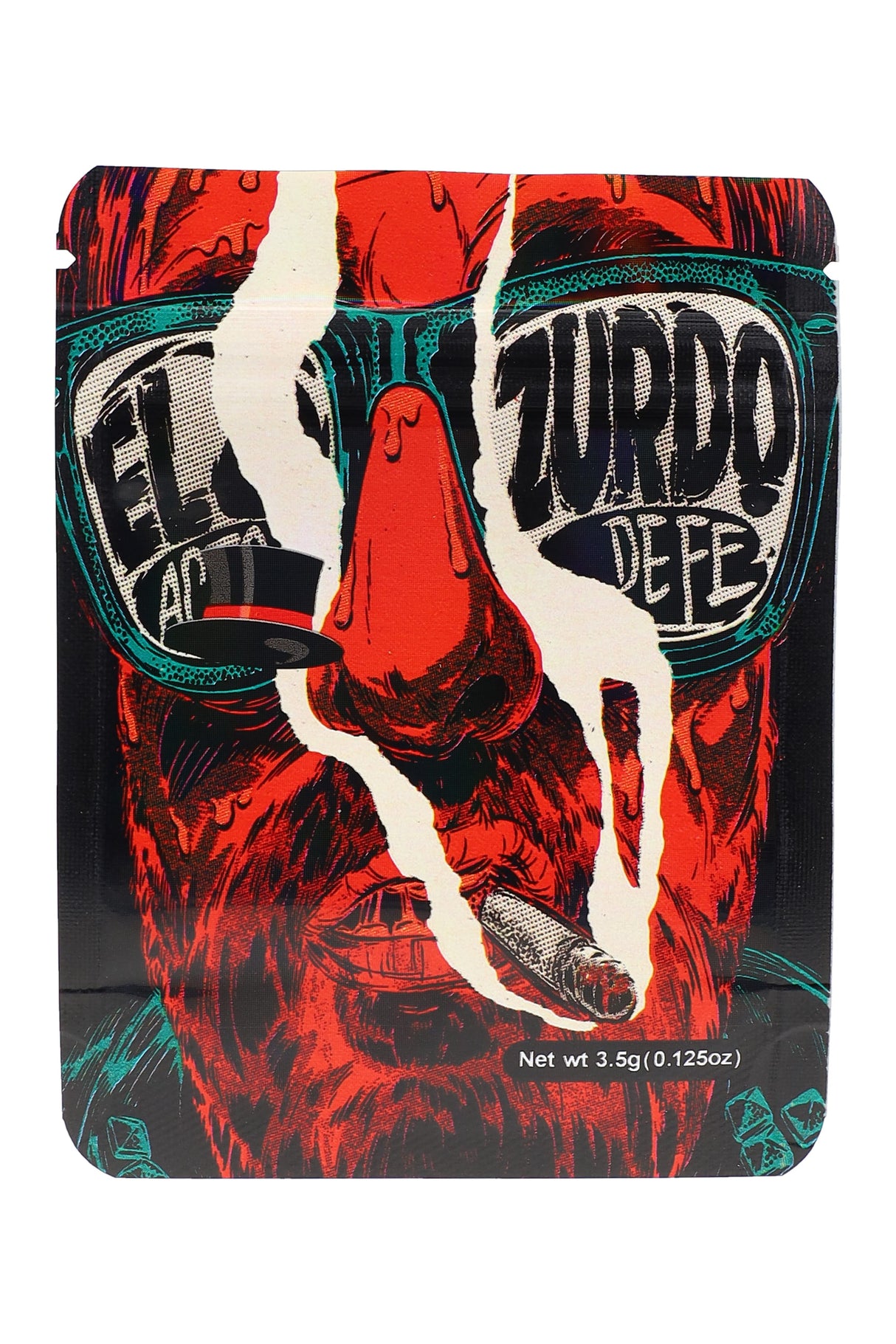 El Zurdo 3.5 g mylar bag with torn red portrait and cigar detail in comic style; striking ⅛ oz storage pouch.