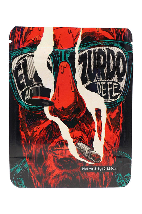 El Zurdo 3.5 g mylar bag with torn red portrait and cigar detail in comic style; striking ⅛ oz storage pouch.