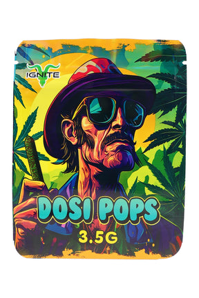 Vibrant 3.5 g mylar bag with retro sunglasses portrait and leafy backdrop, “Dosi Pops” lettering; compact ⅛ oz storage pouch.