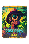 Vibrant 3.5 g mylar bag with retro sunglasses portrait and leafy backdrop, “Dosi Pops” lettering; compact ⅛ oz storage pouch.