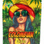 Yellow-green ⅛ oz mylar pouch featuring a woman in sunhat and shades with leaf background, “Colombian” text; 3.5 g storage bag.
