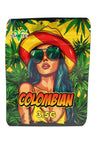 Yellow-green ⅛ oz mylar pouch featuring a woman in sunhat and shades with leaf background, “Colombian” text; 3.5 g storage bag.