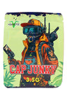 Mint-green ⅛ oz mylar pouch with futuristic explorer in mask and gear, “Cap Junky” title; durable 3.5 g storage bag.