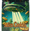 Space-themed 3.5 g mylar bag with UFO beaming cookies over starry sky, “Alien Cookies” text; ⅛ oz storage pouch.
