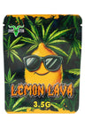 Dark jungle 3.5 g mylar pouch with smiling lemon character in sunglasses and leaves, “Lemon Lava” label; compact ⅛ oz storage bag.