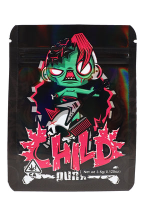 Black ⅛ oz mylar pouch with neon green “Child Punk” character holding a guitar; bold 3.5 g storage bag with graffiti styling.