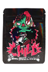 Black ⅛ oz mylar pouch with neon green “Child Punk” character holding a guitar; bold 3.5 g storage bag with graffiti styling.