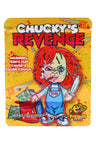 Bright yellow ⅛ oz mylar pouch showing “Chucky’s Revenge” cartoon slasher; eye-catching 3.5 g storage bag design.