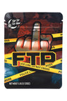Dark ⅛ oz mylar pouch with middle-finger graphic and police tape reading FTP; edgy 3.5 g storage bag for small items.