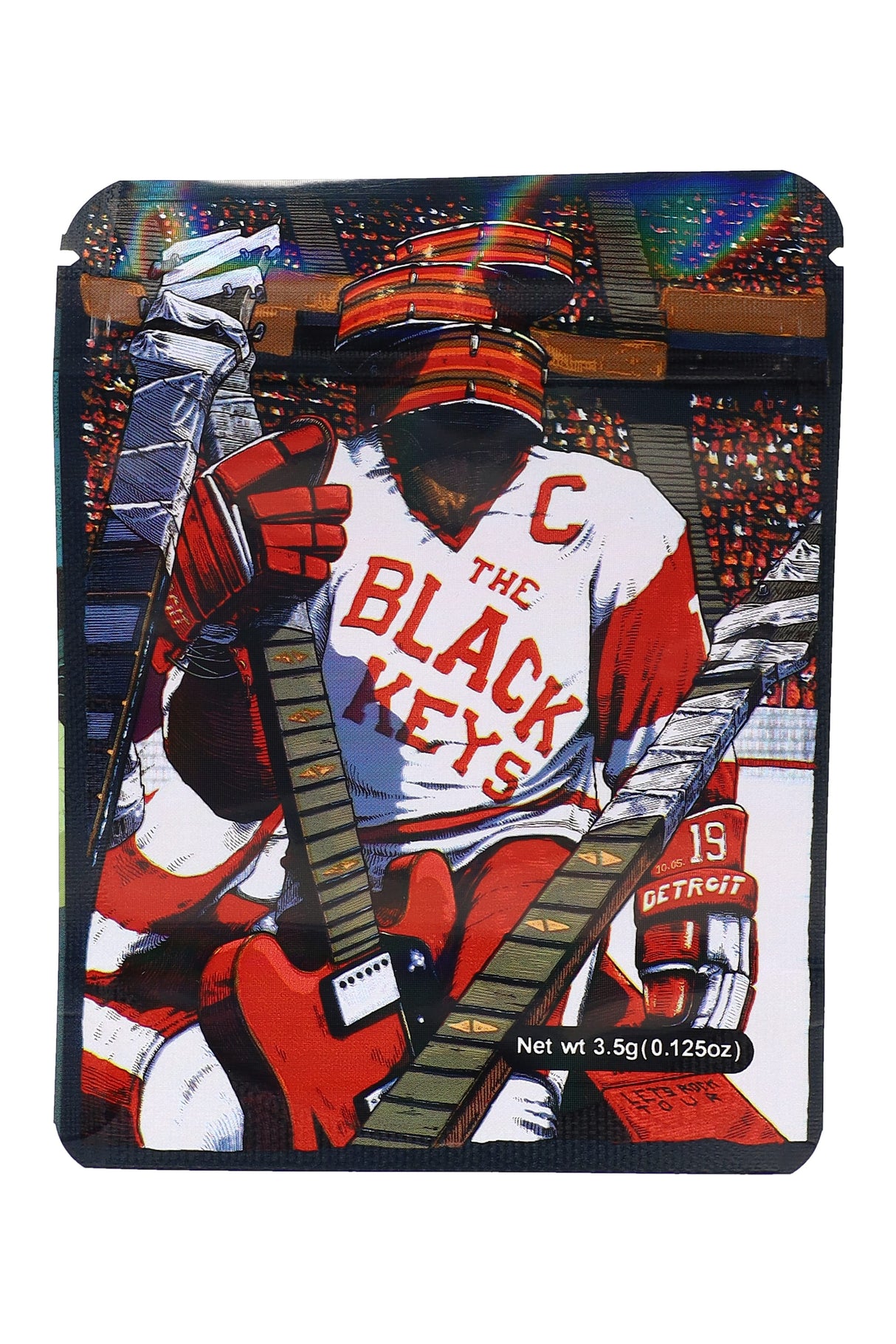 Stadium-scene ⅛ oz pouch with hockey gear and guitars reading “The Black Keys”; 3.5 g storage bag in band-style art.