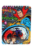 Comic-book collage ⅛ oz pouch with caped hero and team in a circular frame; vibrant 3.5 g storage bag “Metropolis.”