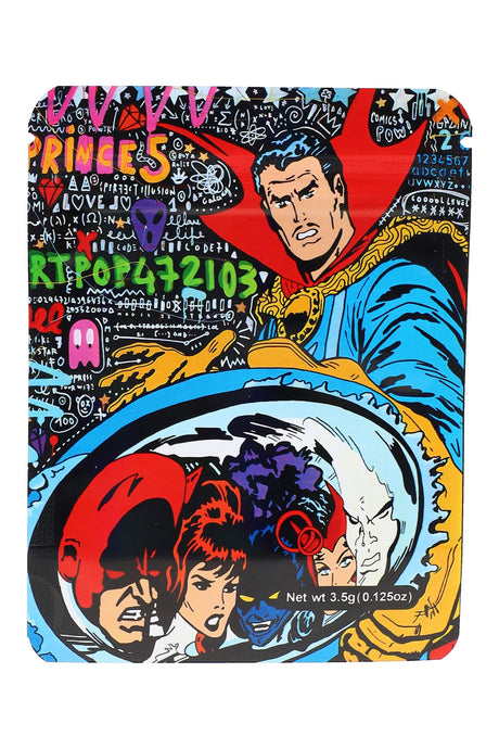 Comic-book collage ⅛ oz pouch with caped hero and team in a circular frame; vibrant 3.5 g storage bag “Metropolis.”