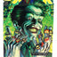 Neon green “Joker” portrait with rings across both hands; glossy ⅛ oz mylar pouch sized for 3.5 g.