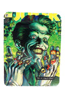 Neon green “Joker” portrait with rings across both hands; glossy ⅛ oz mylar pouch sized for 3.5 g.