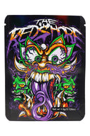 Fierce multi-face demon graphic labeled “The Red Shore”; black ⅛ oz mylar pouch for compact 3.5 g storage.