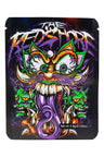 Fierce multi-face demon graphic labeled “The Red Shore”; black ⅛ oz mylar pouch for compact 3.5 g storage.