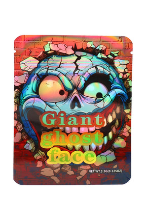 Holographic mylar bag “Giant Ghost Face” cracked skull art, 3.5 g (⅛ oz) pouch front view