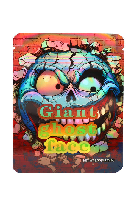 Holographic mylar bag “Giant Ghost Face” cracked skull art, 3.5 g (⅛ oz) pouch front view