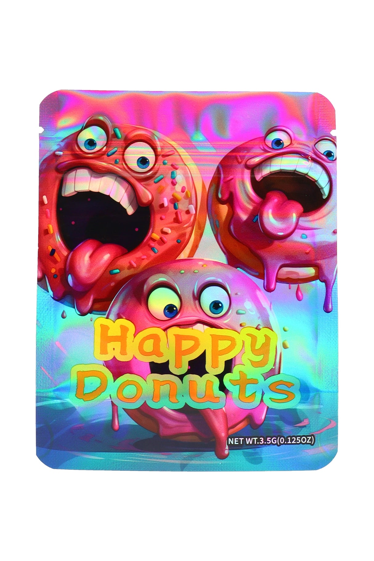 Holographic mylar pouch “Happy Donuts” cartoon donut characters, 3.5 g (⅛ oz) front view
