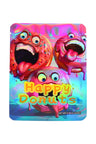 Holographic mylar pouch “Happy Donuts” cartoon donut characters, 3.5 g (⅛ oz) front view