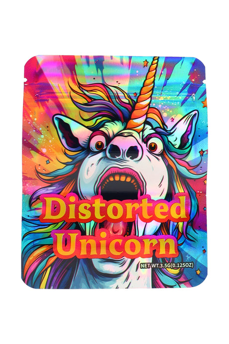 Holographic mylar bag “Distorted Unicorn” rainbow unicorn head artwork, 3.5 g (⅛ oz) front view