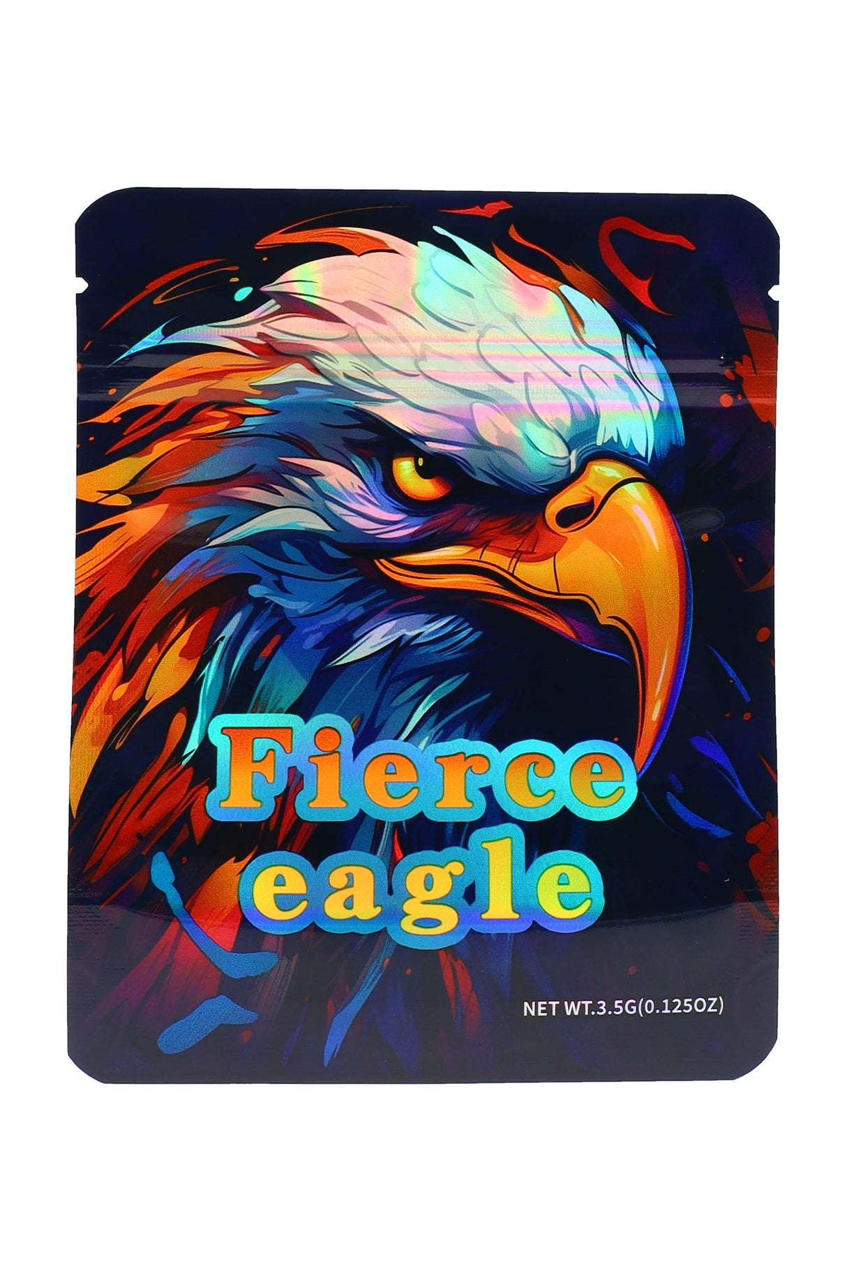 Holographic mylar pouch “Fierce Eagle” eagle profile illustration, 3.5 g (⅛ oz) bag front view