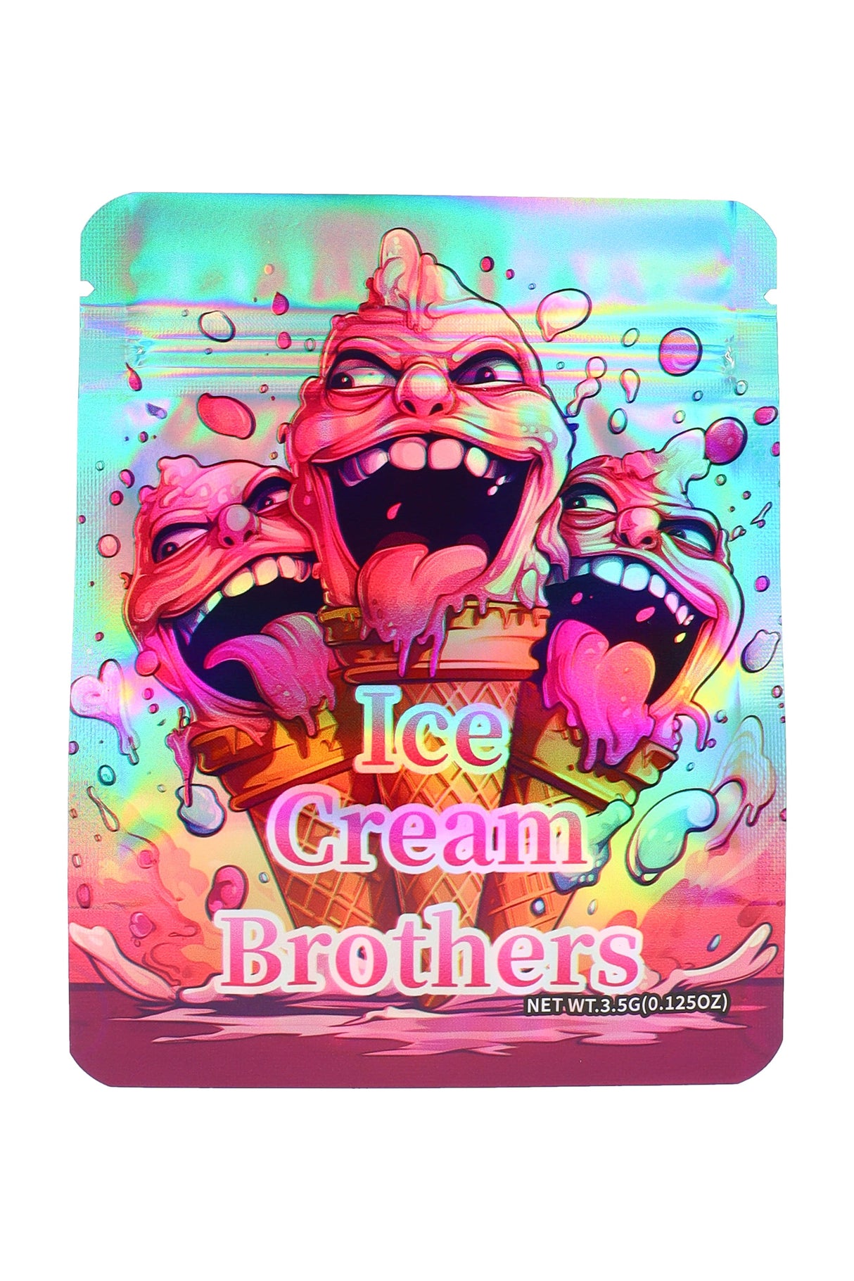Holographic mylar bag “Ice Cream Brothers” melting ice cream characters, 3.5 g (⅛ oz) front view