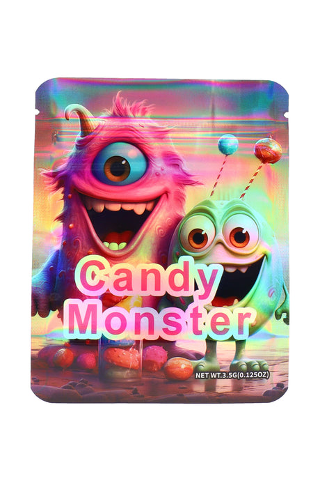 Holographic mylar pouch “Candy Monster” colorful monster duo with candy scene, 3.5 g (⅛ oz) front view