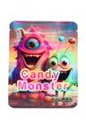 Holographic mylar pouch “Candy Monster” colorful monster duo with candy scene, 3.5 g (⅛ oz) front view