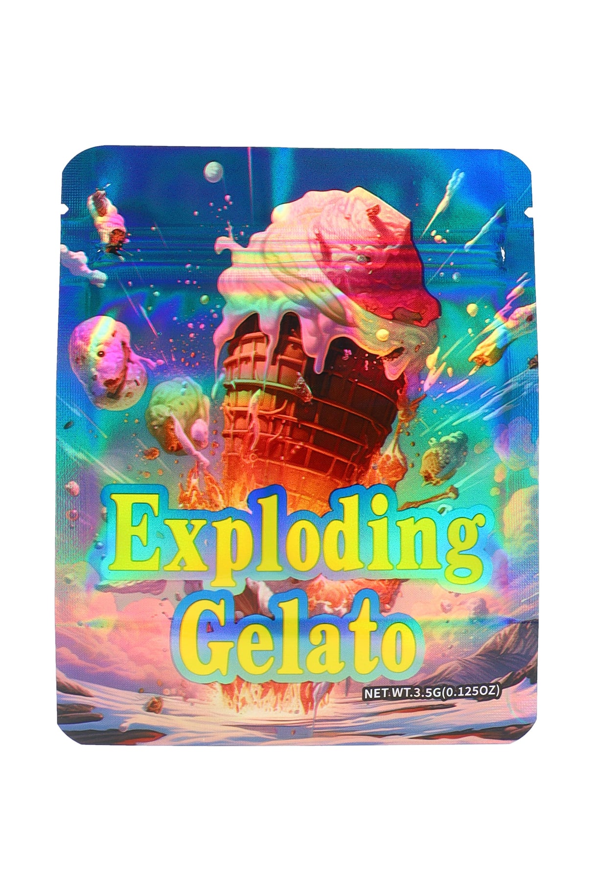 Holographic mylar bag “Exploding Gelato” ice cream blast artwork, 3.5 g (⅛ oz) pouch front view