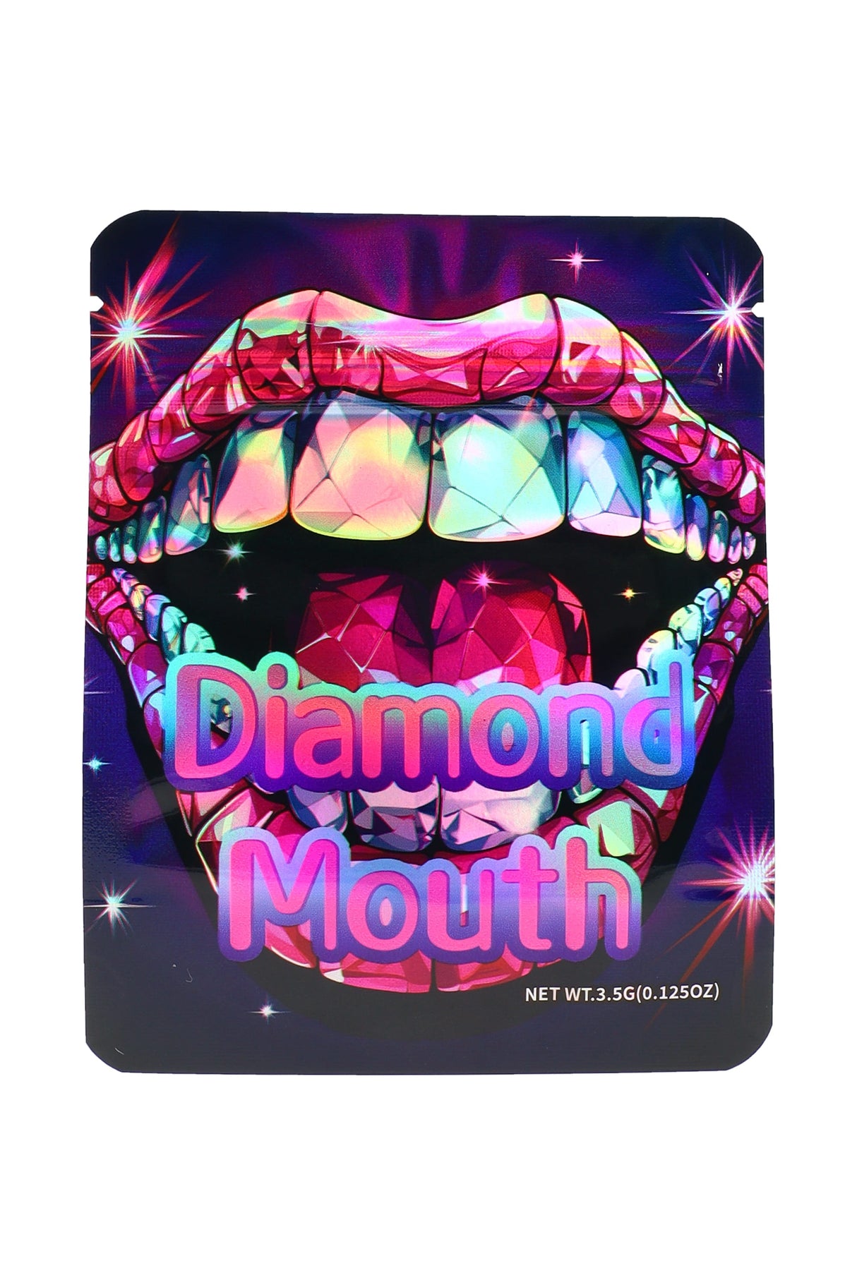 Holographic mylar pouch “Diamond Mouth” jeweled lips artwork, 3.5 g (⅛ oz) bag front view
