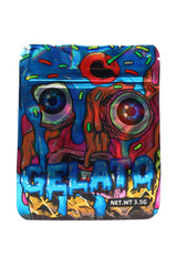 Holographic mylar bag “GELATO” dripping face art with sprinkles, 3.5 g (⅛ oz) front view