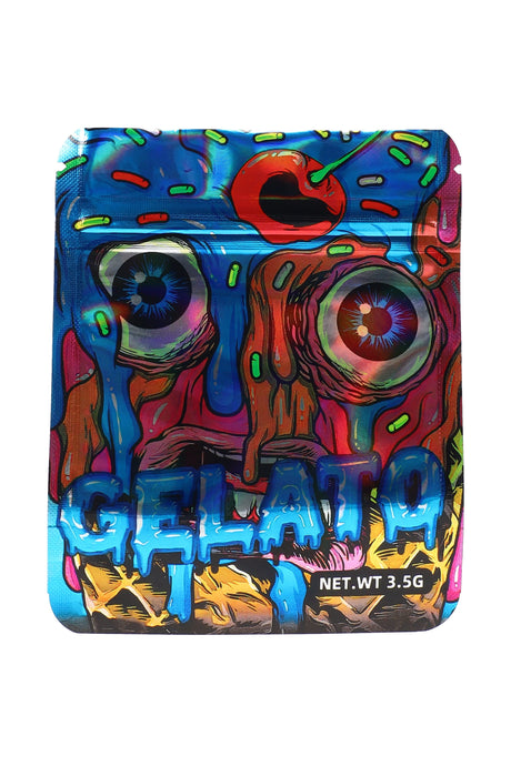 Holographic mylar bag “GELATO” dripping face art with sprinkles, 3.5 g (⅛ oz) front view