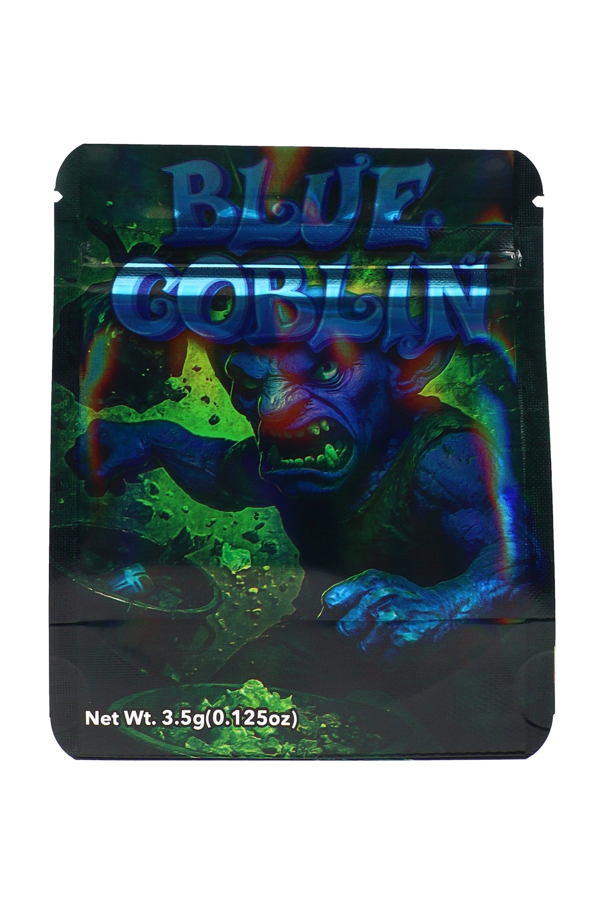 Holographic mylar pouch “Gelato Goblin” blue goblin creature artwork, 3.5 g (⅛ oz) front view