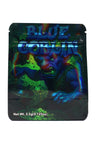 Holographic mylar pouch “Gelato Goblin” blue goblin creature artwork, 3.5 g (⅛ oz) front view