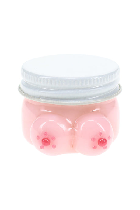 Empire Glassworks Boobies terp jar front view with pink glass body and silver fitted lid