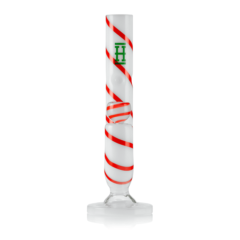 Straight-on view of 10½″ Hemper Candy Cane XL glass bong showing ice pinch, vertical peppermint spiral and wide white base.