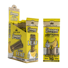 King Palm Banana Cream Mini Leaf Tubes display with 10 pouches and banana-themed packaging