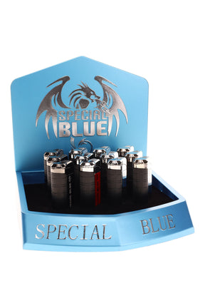 12-pack display of Special Blue Director torch lighters in assorted metallic finishes, compact pocket design arranged in a branded tray.