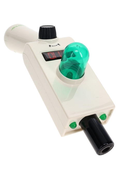 White Hemper Portal Gun refillable butane torch showing green dome light, digital display and nozzle for dab rig heating.