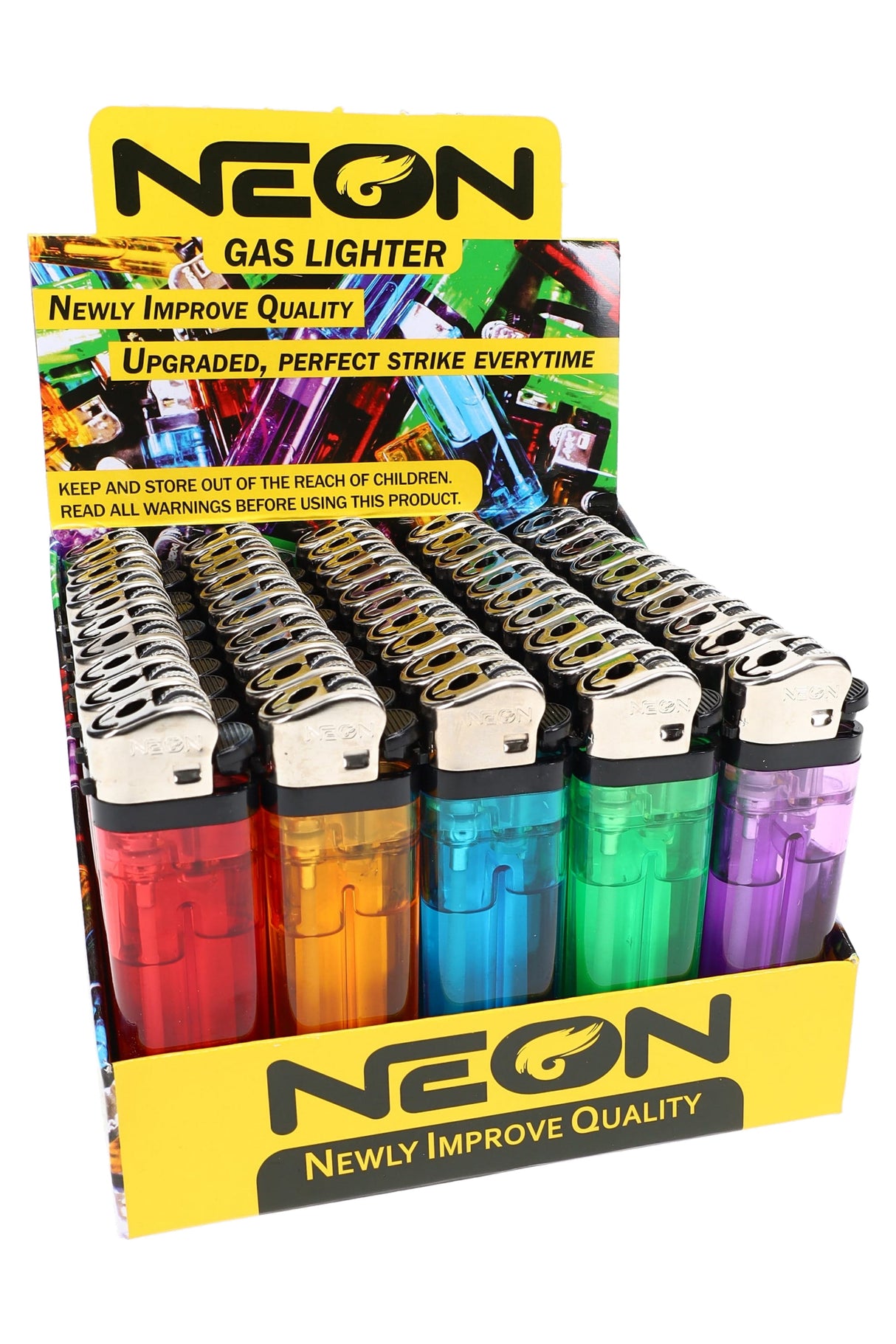 NEON disposable lighter 50-count display tray with assorted translucent colors and metal tops on countertop stand
